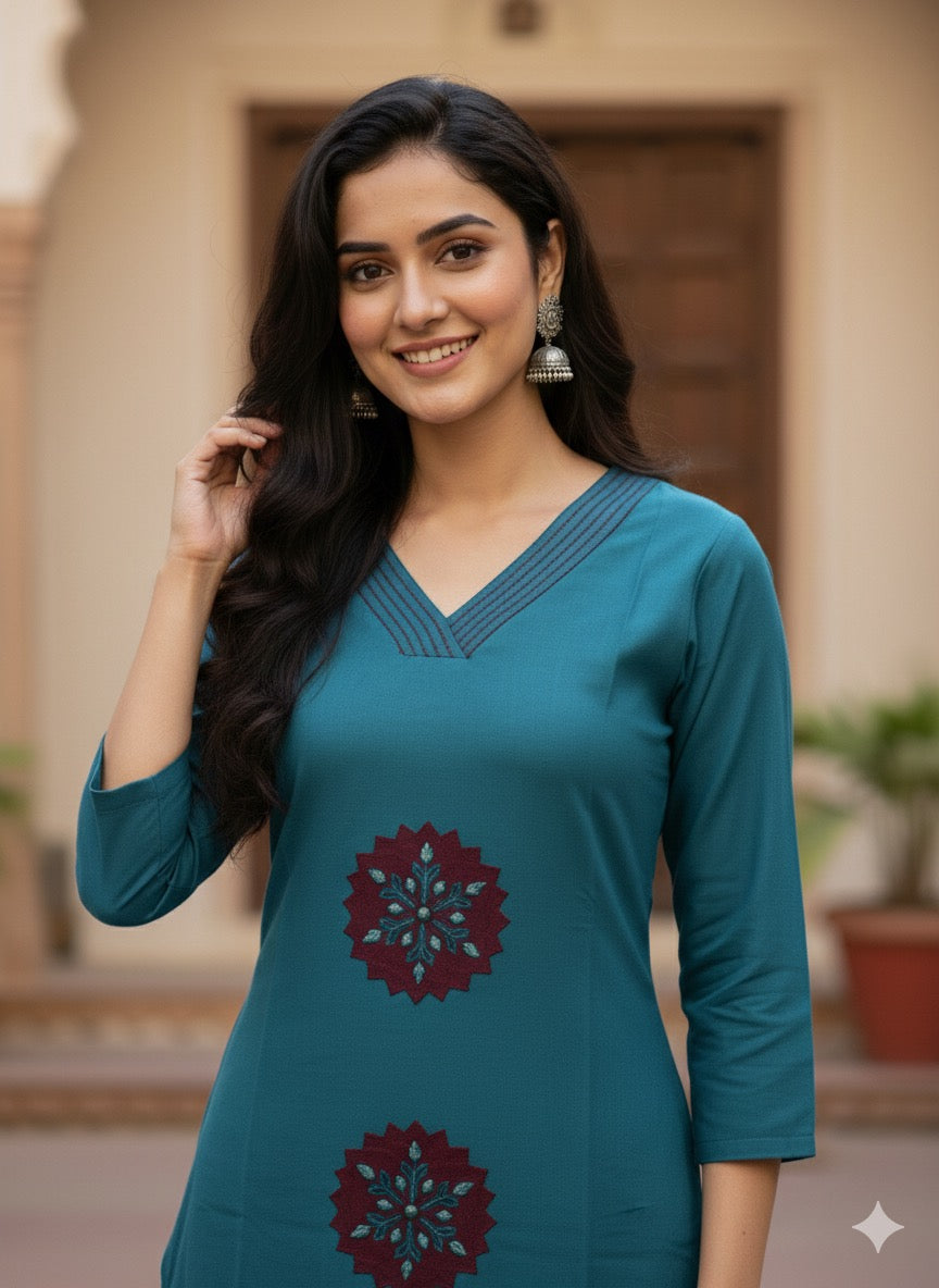 Teal Blue Applique Motif Co-ord Set #RCO1003