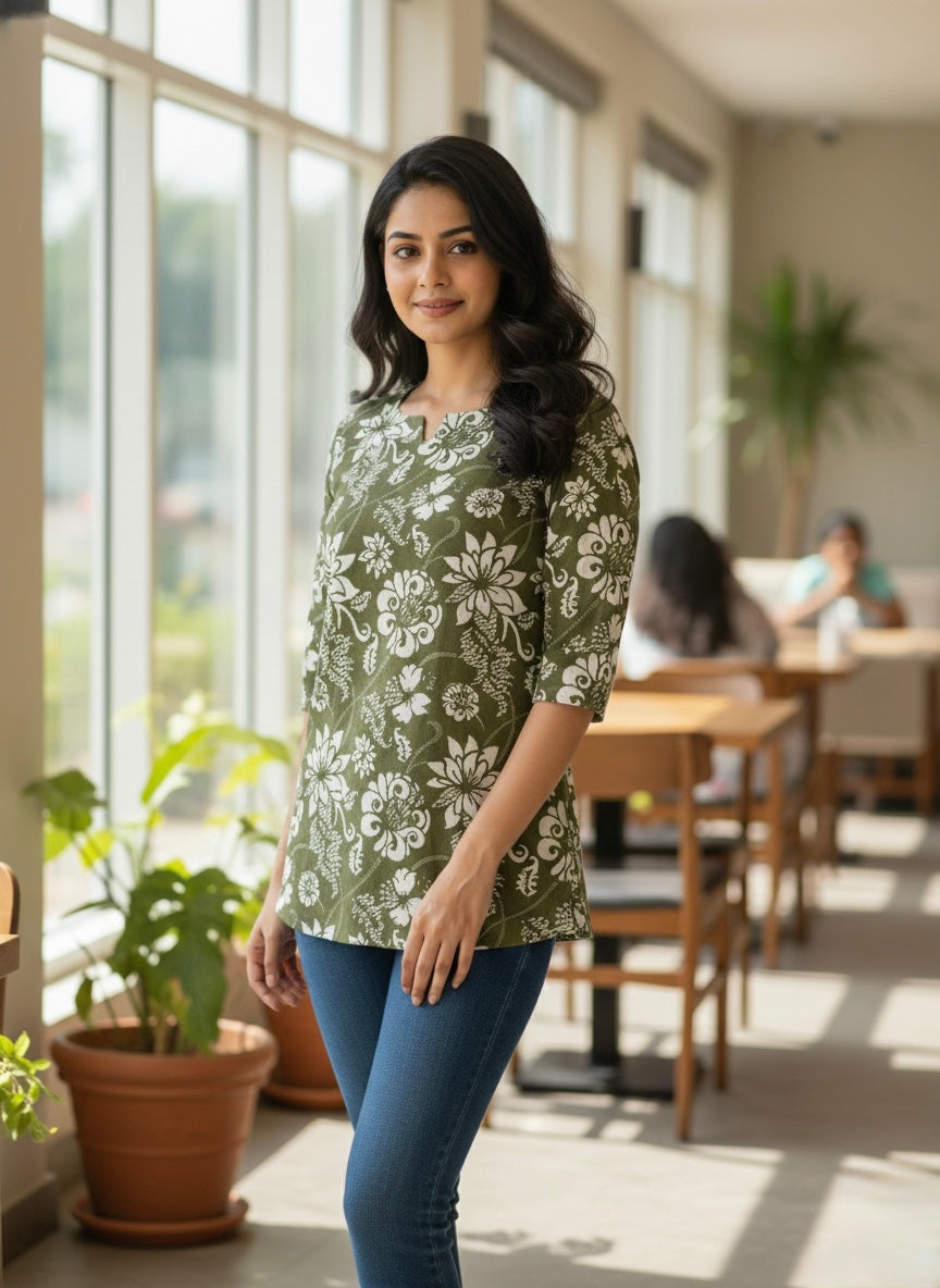 Olive Floral Short Kurti #RSK2001