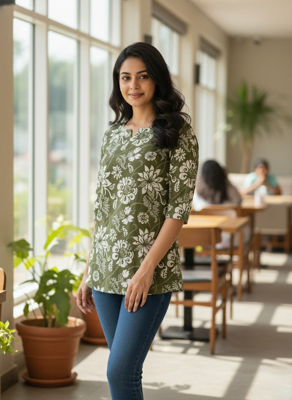 Olive Floral Short Kurti #RSK2001