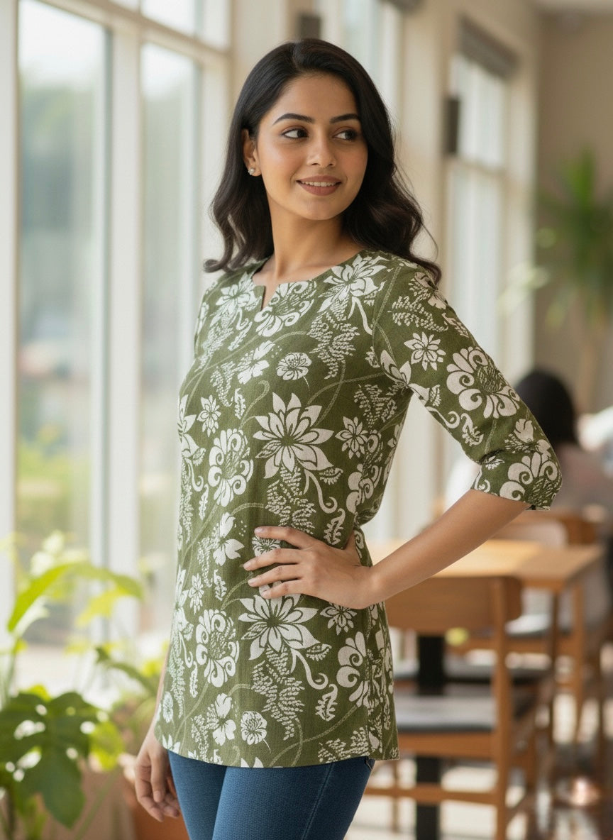 Olive Floral Short Kurti #RSK2001