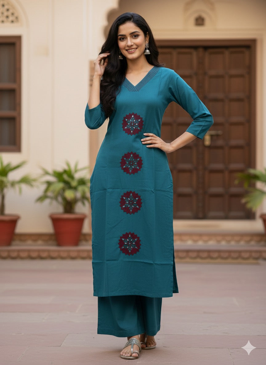 Teal Blue Applique Motif Co-ord Set #RCO1003
