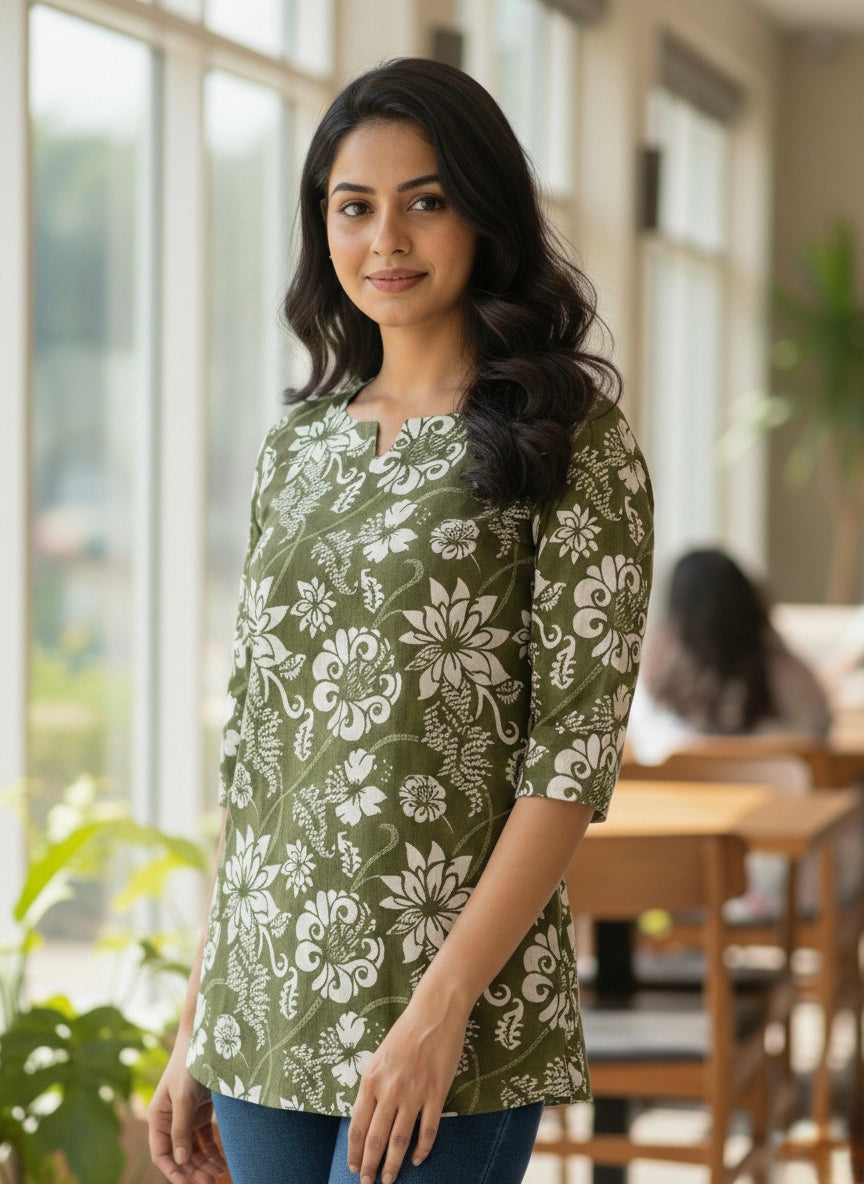Olive Floral Short Kurti #RSK2001