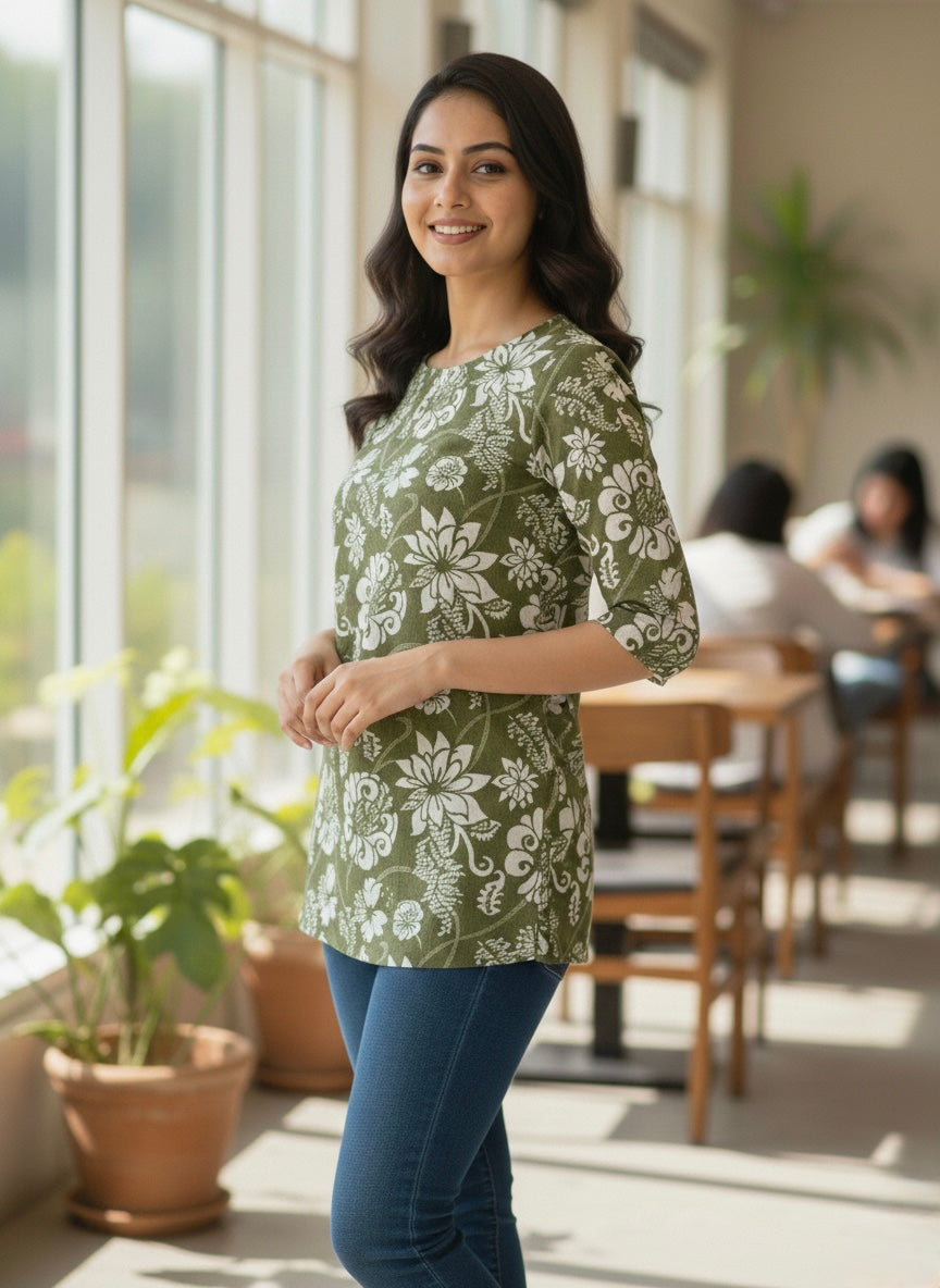 Olive Floral Short Kurti #RSK2001