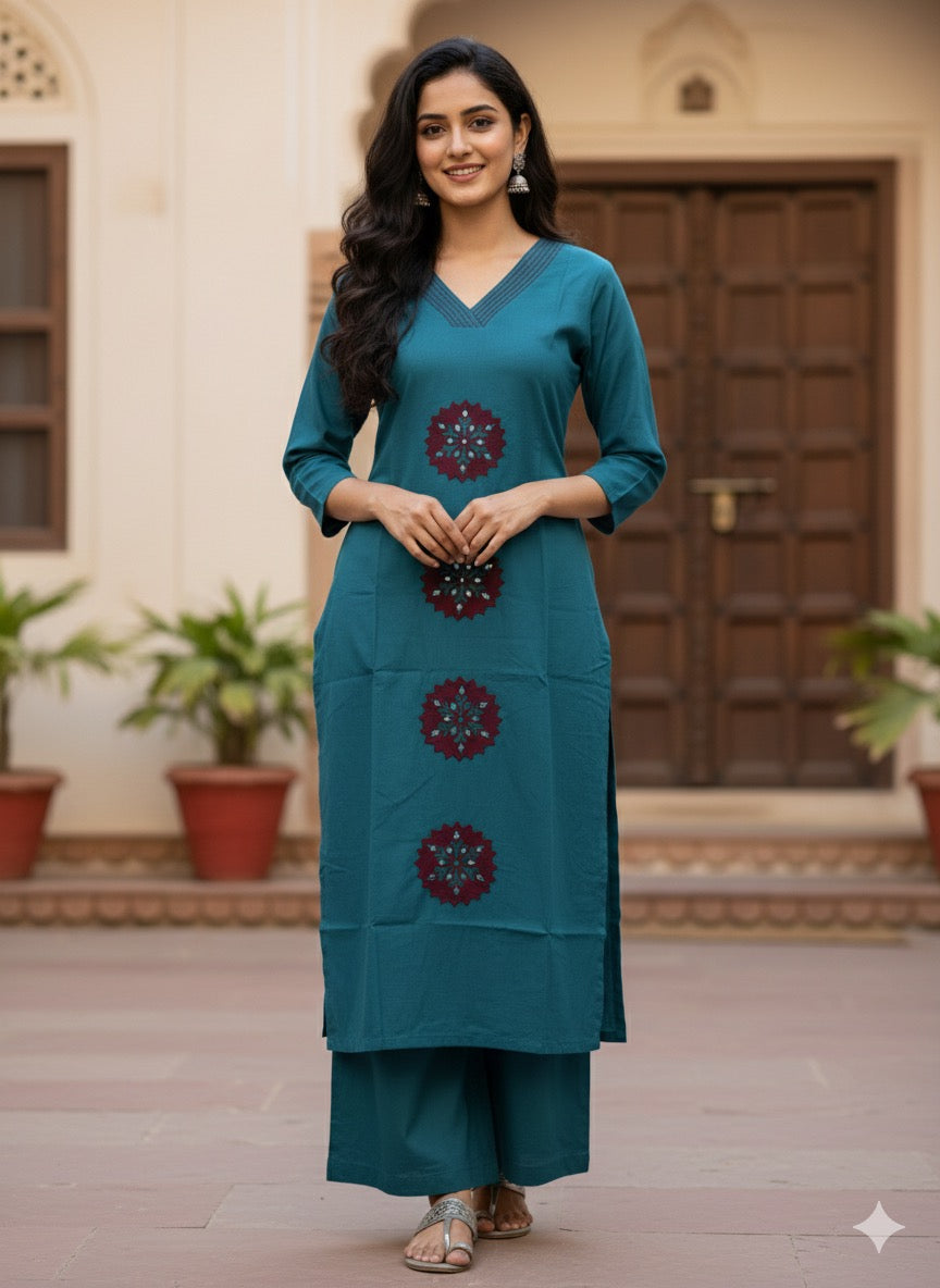 Teal Blue Applique Motif Co-ord Set #RCO1003