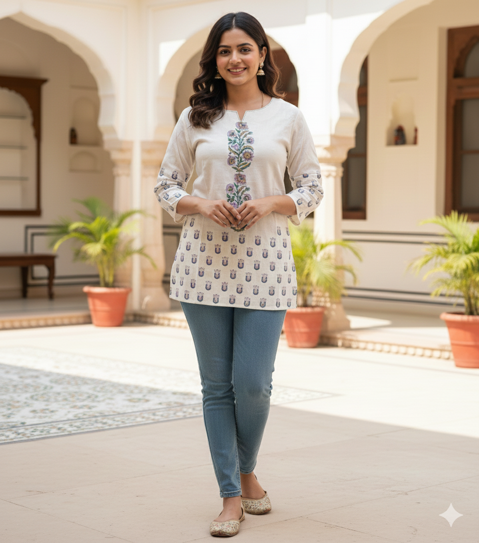 Khadi small floral sequence short kurti #RSK1003