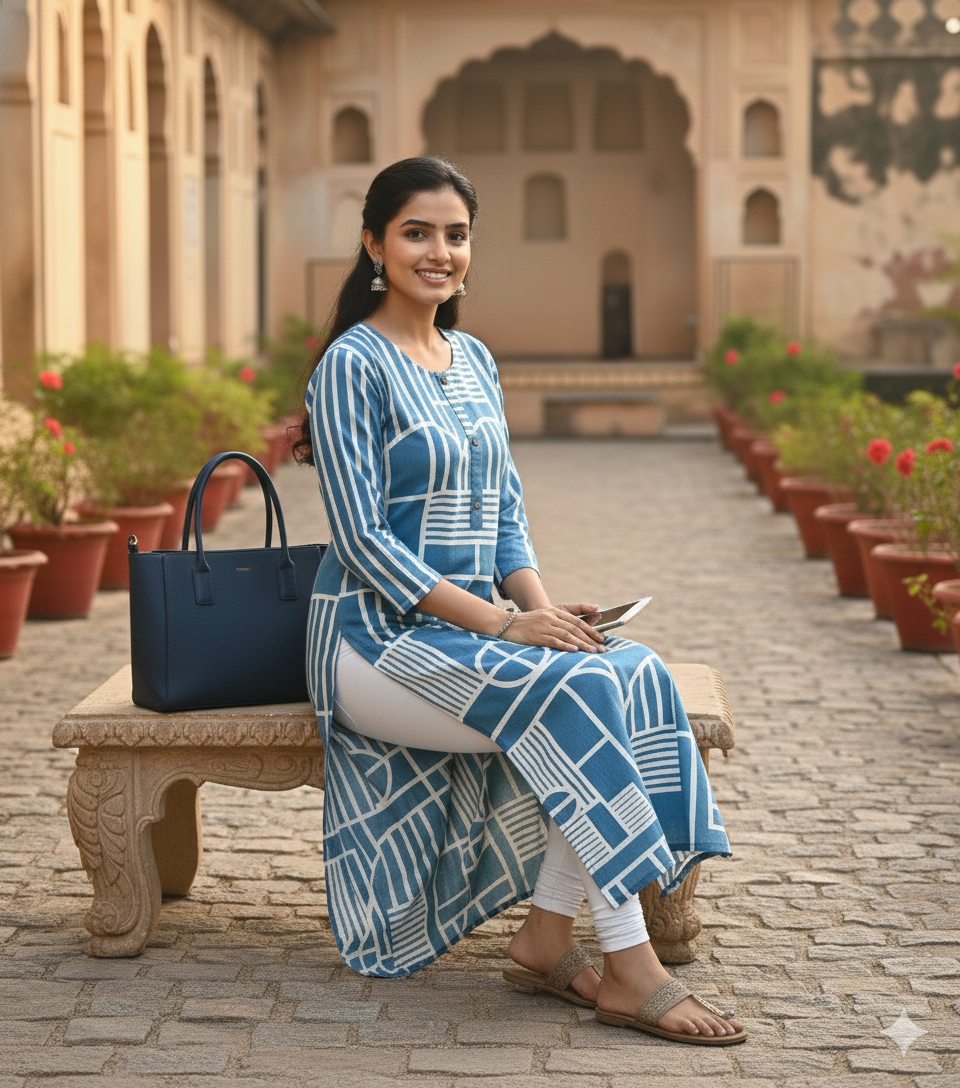 Contemporary Geometric Sky Blue Kurti #RLK1003