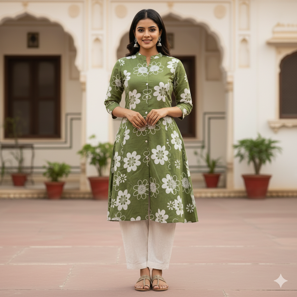 Sage Green Floral Kurta Set #RCO1001