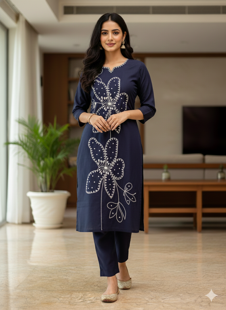 Navy Blue Embroidered Co-ord Set #RCO1007