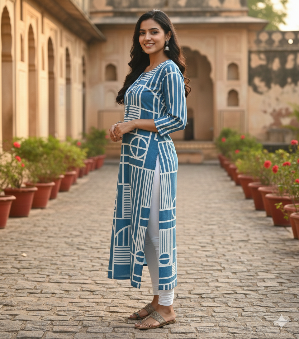 Contemporary Geometric Sky Blue Kurti #RLK1003