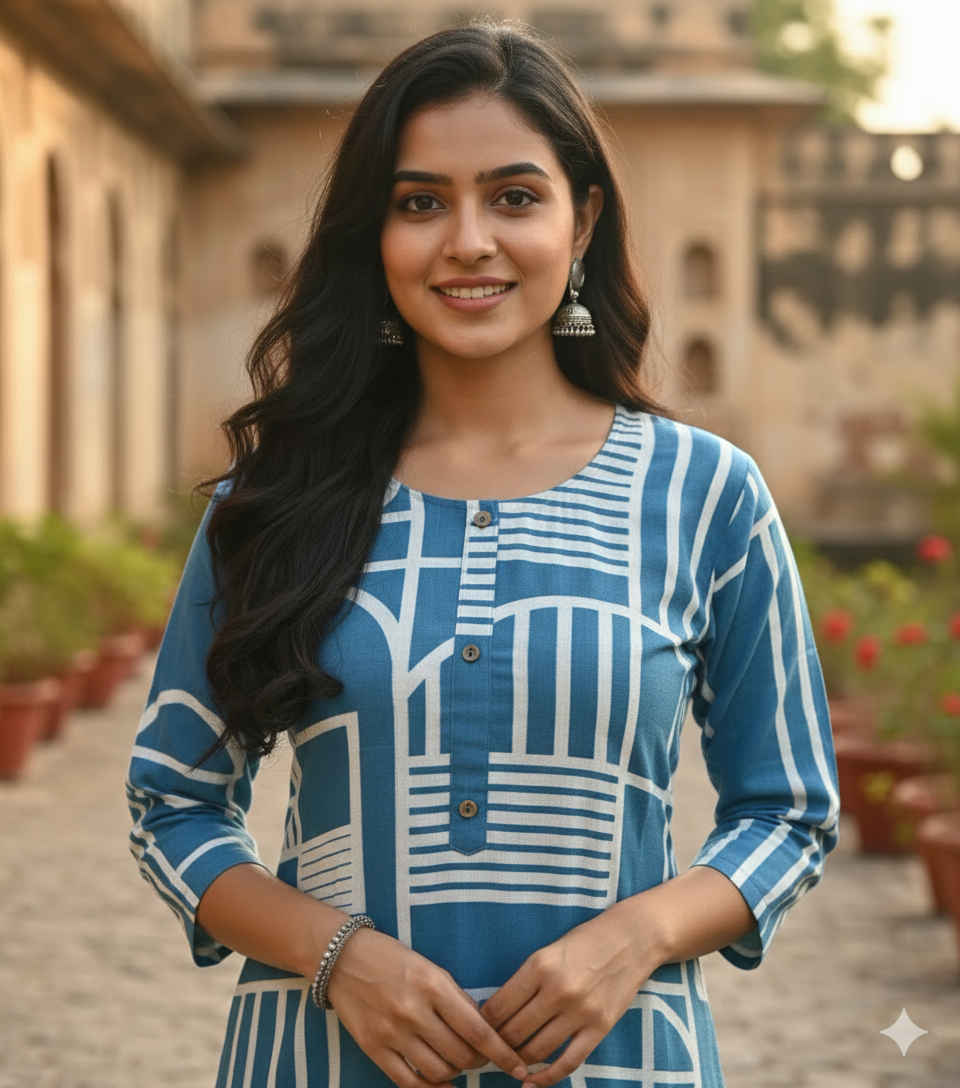 Contemporary Geometric Sky Blue Kurti #RLK1003