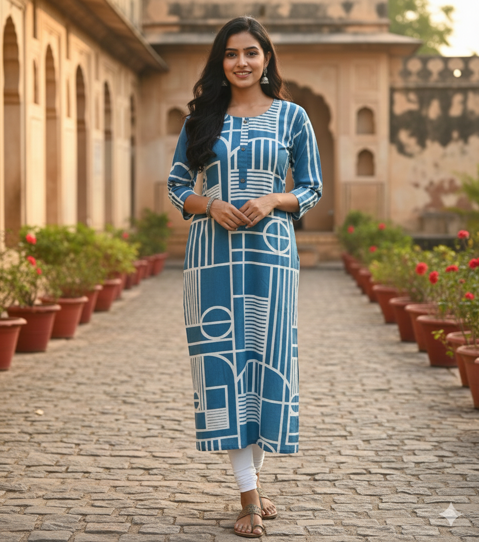 Contemporary Geometric Sky Blue Kurti #RLK1003