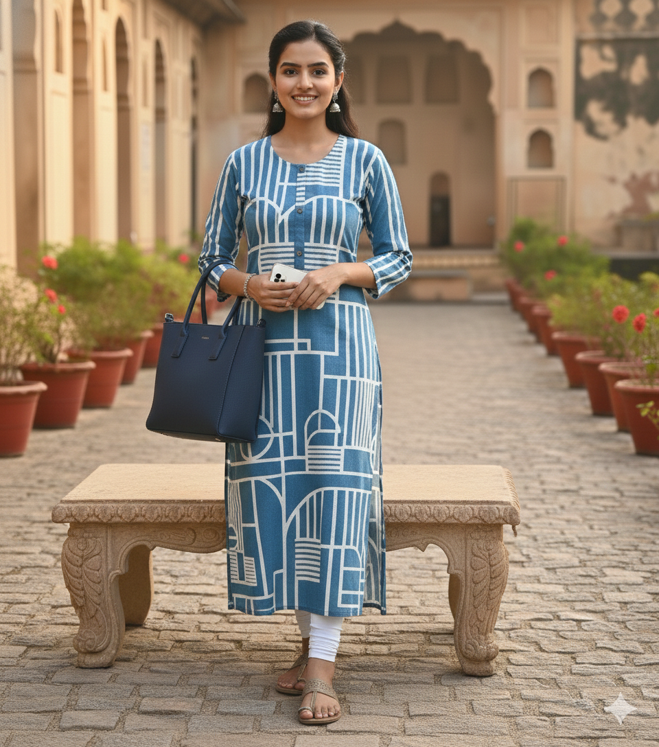 Contemporary Geometric Sky Blue Kurti #RLK1003