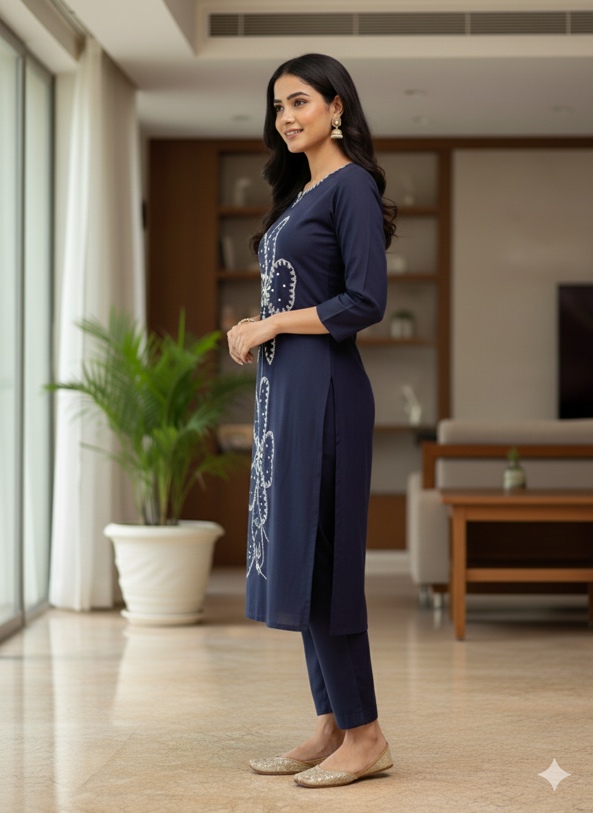 Navy Blue Embroidered Co-ord Set #RCO1007