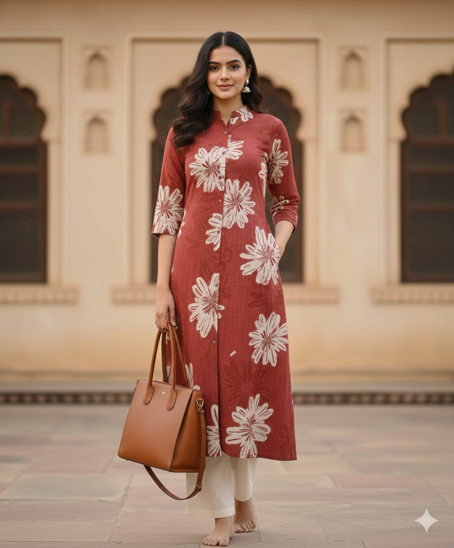 Floral Cotton Kurta Set in Earthy Red #RCO1002