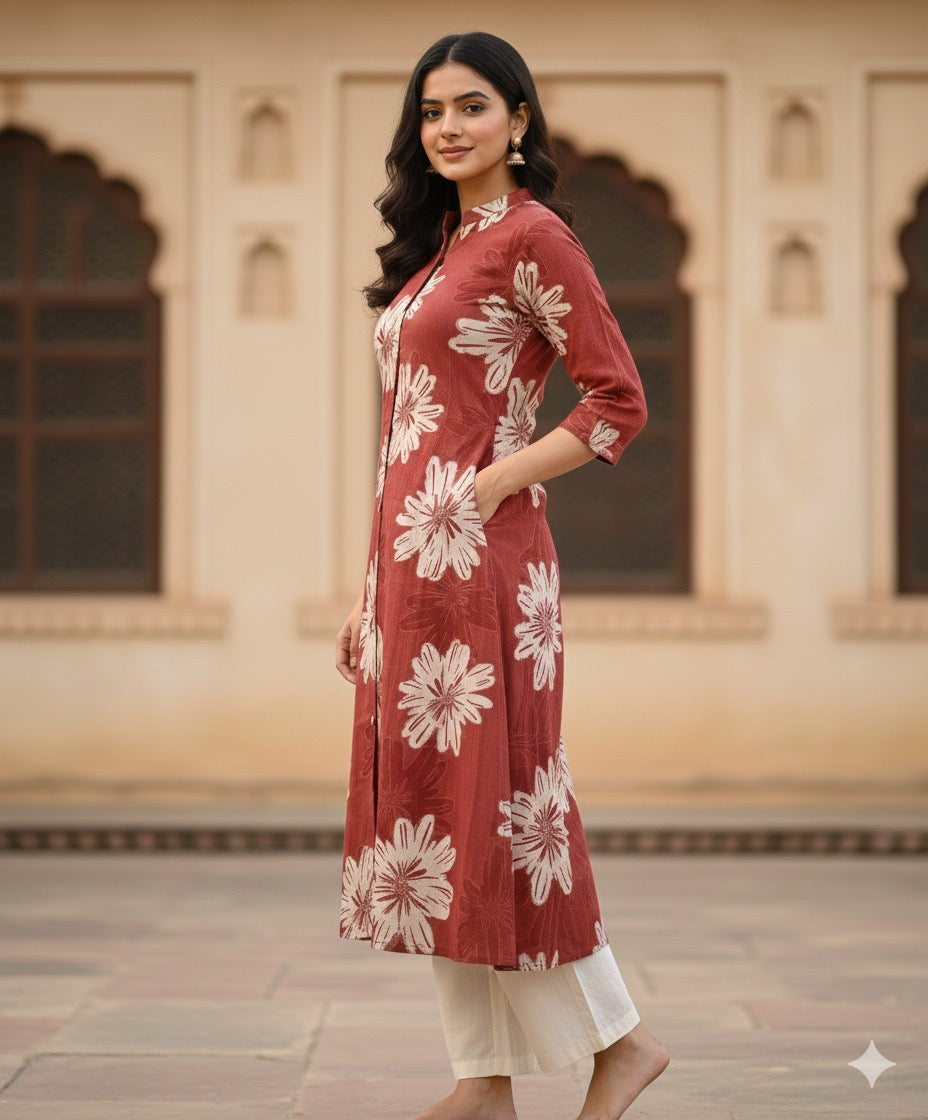 Floral Cotton Kurta Set in Earthy Red #RCO1002