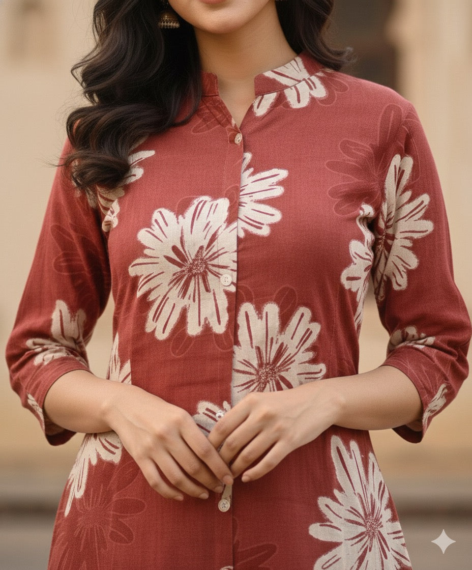Floral Cotton Kurta Set in Earthy Red #RCO1002
