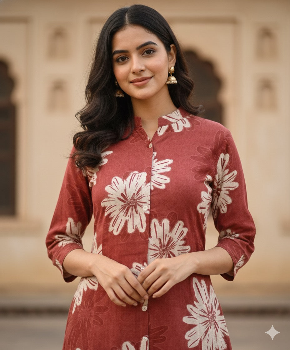 Floral Cotton Kurta Set in Earthy Red #RCO1002