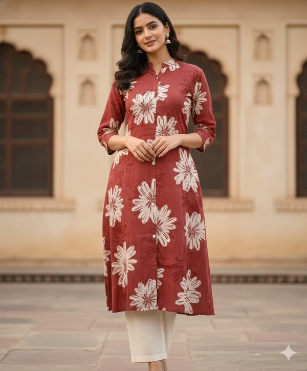 Floral Cotton Kurta Set in Earthy Red #RCO1002